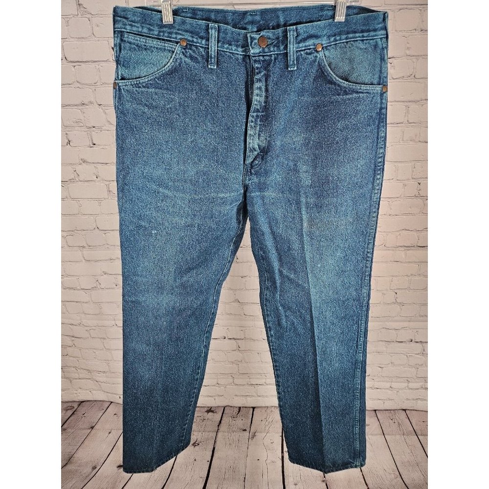 VTG Wrangler Made In USA Blue Green Hand Dyed Straight Leg Jeans Size 36 X 32